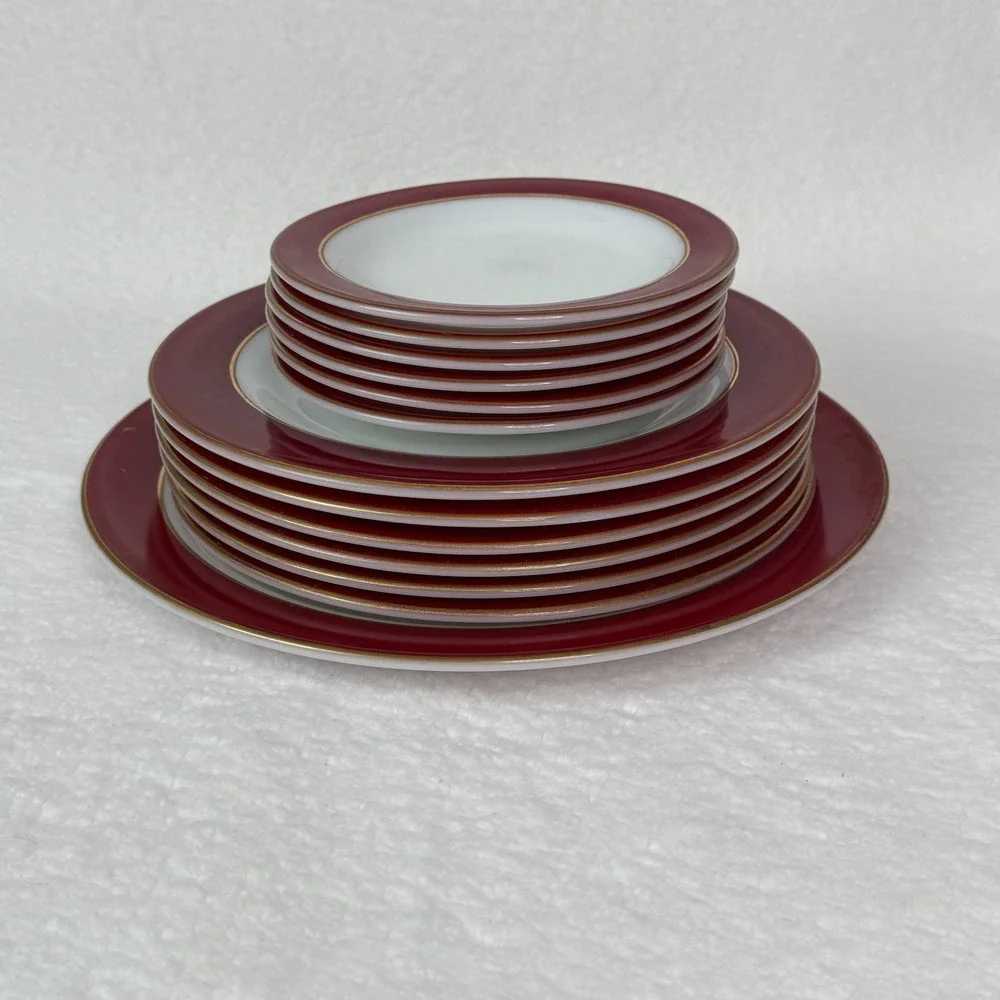 Vtg 1960s White Pyrex Milk Glass Maroon Red Gold 23 Piece Dinnerware Assortment